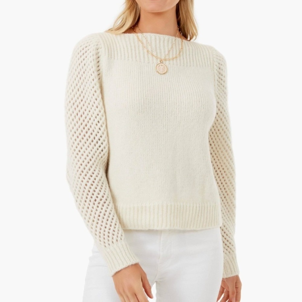 LoveShackFancy Rosie Pullover XS Cream Alpaca Wool Puff Sleeve Open Knit Sweater
